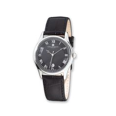 The round black dial with silver-tone hands and Roman numerals stands out against the polished stainless steel case and the black leather strap creating a sharp, sophisticated style you will love to wear again and again. This Charles-Hubert watch features a scratch resistant mineral crystal, a round date window, a Japanese Quartz movement for precision timekeeping and is water resistant up to 100 feet (30 meters). It also includes a custom gift box along with a buckle-to-buckle warranty against Bow Jewelry, Mens Black Leather, Leather Watch Bands, Jewelry Companies, Black Bow, Roman Numerals, Stainless Steel Watch, Black Watch, Leather Band