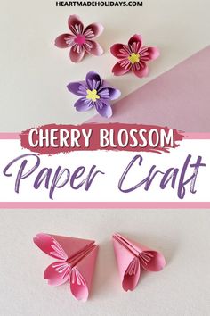 cherry blossom paper craft with the words cherry blossom on it and three flowers in pink, purple