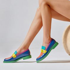 Sidney Multi Color block Genuine Leather Loafer - 2 Styles Rainbow Slippers, Brogues Style, Gladiator Shoes, Rainbow Shoes, Quoi Porter, Black Slippers, Brogue Shoes, Genuine Leather Shoes, Leather Shoes Woman