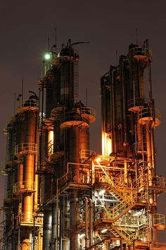 an oil refinery lit up at night