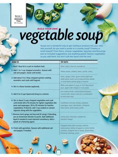 the vegetable soup recipe is displayed on a blue background with vegetables and other foods around it