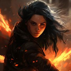 a woman with long black hair standing in front of a fire filled sky and holding her arm out