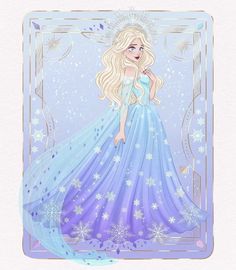 a drawing of a blonde haired girl in a blue dress with snowflakes on it