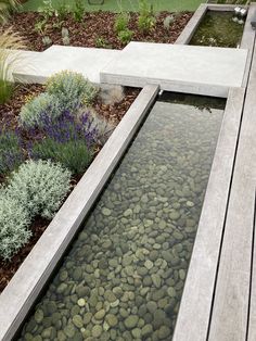 a wooden bench sitting next to a small pond filled with rocks and water surrounded by plants