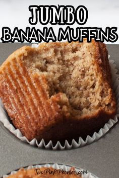 two muffins sitting on top of each other with the words jumbo banana muffins above them