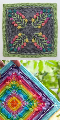 crocheted granny square with flowers and leaves on the side, in two different colors