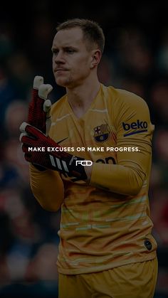 a man holding a soccer ball in his hands with the words make exercises or make progress