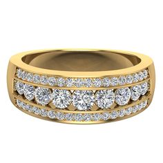 a yellow gold ring with rows of diamonds