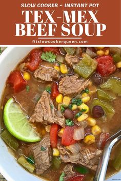 a bowl of tex - mex beef soup with corn and peppers