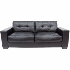 a black leather couch sitting on top of a white floor