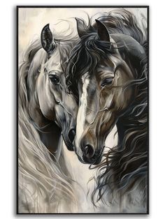 two horses are standing side by side in front of a white background and black frame