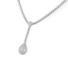 Exquisite diamond drop necklace. *Front half is with diamonds and the back half is not. 129 round brilliant diamonds, 1.39 carats total. Approximately F/G color and VVS2-VS1 clarity. Prong set in 18k white gold, 33.39 grams, and 17 inches. Accommodated with an up-to-date appraisal by a GIA G.G. once purchased, upon request. Please contact us with any questions. Dazzling Cubic Zirconia Drop Necklace, Silver Platinum Pear-shaped Necklace, Pear-shaped Platinum Silver Necklace, Luxury Pave Set Drop Jewelry, Luxury Cubic Zirconia Teardrop Diamond Necklace, Luxury Silver Diamond Teardrop Pendant Necklace, Silver Pear-shaped Diamond Necklace, Luxury Drop Jewelry With Pave Setting, Luxury Sterling Silver Drop Diamond Necklace