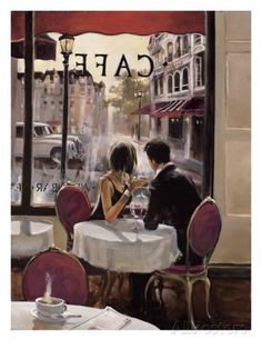 a man and woman sitting at a table in front of a window with the words cafe on it