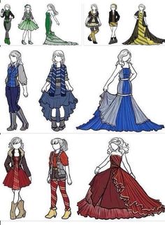 several different types of dresses and outfits for people to wear in the same fashion style