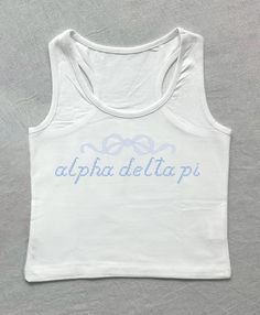 a white tank top with the word aphia delapi on it in blue ink