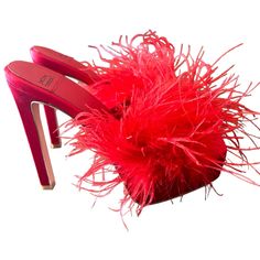 Fits True To Size, Order Your Normal Size Open Square Toe Slip On Feather Detail At Toe Strap 5.75" Covered Stiletto Heel, 2" Platform, Feels Like 3.75" Heel Real Turkey And Ostrich Feathers, Origin: China, Dyed Fabric And Turkey/Ostrich Feather Upper, Synthetic Lining And Sole Imported New In Box Size 6 Red Leather Sandals For Party, Red Platform Sandals For Evening, Red Synthetic Sandals For Party, Evening Sandals With Red Sole, Evening Sandals With Red Sole And Synthetic Material, Red High Heels With Removable Insole, Red Party Sandals With Removable Insole, Party Sandals With Removable Insole In Red, Red Synthetic Heels For Evening