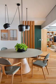 a dining room table with chairs and a potted plant on top of the table