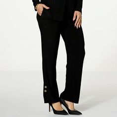 Antthony Pull-On Straight Leg Pant with Button Detail   Break free of the ever-popular skinny pant silhouette and opt for a more classically elegant look with this straight-leg pull-on pant from Antthony. Button detail at the hem adds the perfect touch of style. Stretch Straight Pants With Buttons, Stretch Straight Dress Pants With Button Closure, Elegant Straight Bottoms For Business Casual, Classic Stretch Bottoms With Button Closure, Formal Bottoms With Buttons, Formal Long Pants With Buttons, Elegant Formal Pants With Buttons, Elegant Wide Leg Bottoms With Button Cuffs, Full Length Stretch Pants With Buttons