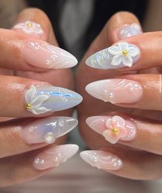 Vacation Nails Short Almond, Nails For Dubai, Blue Vacation Nails, Vacation Nails Almond Shape, Nails Festival, Shell Nails, Nails Vacation, Summer Acrylic, Nails 3d