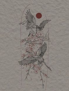 two birds flying in the air with flowers on it's back and an orange dot above them