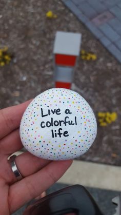 a person holding a rock with the words live a colorful life painted on it in their hand