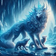 two wolfs standing next to each other in front of an ice cave