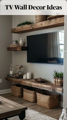 Install floating shelves above and below the TV to display decor items and keep the area organized. Tv Wall Decor Ideas, Tv Wall Decor, Living Room Partition, Living Room Tv Wall, Rustic Living Room, Living Room Storage, Living Room Inspo, Living Room Tv