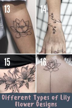 four different types of tattoos on the back of women's arms and legs, with flowers