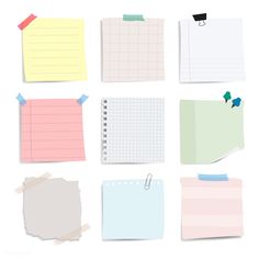 several pieces of paper with sticky notes attached to them, all lined up in different colors