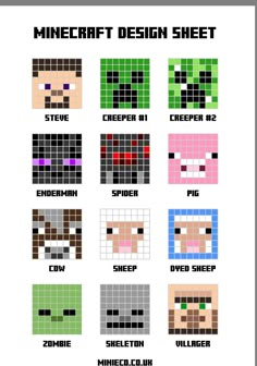 the minecraft design sheet is shown in different colors and sizes, including pink, green,