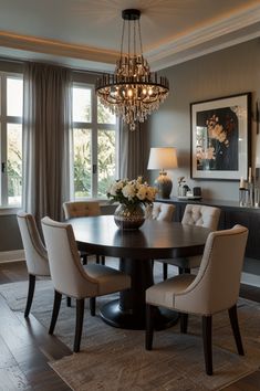 a dining room table and chairs with chandelier hanging from the ceiling in front of large windows