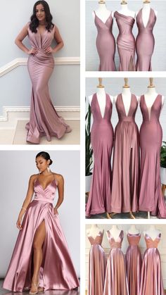 the different styles of dresses worn by women in pinks and purples are shown