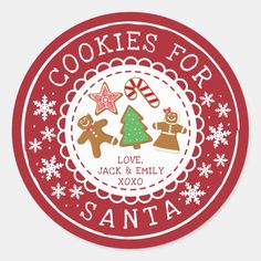 cookies for santa sticker on a red circle with snowflakes and christmas trees