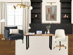 a living room filled with furniture and a book shelf next to a desk on top of a hard wood floor