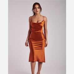 Color Burnt Orange Size Small . Orange Dress Outfits, Orange Satin Dress, Orange Silk Dress, Burnt Orange Bridesmaid Dresses, Cowl Neck Midi Dress, Copper Dress, Orange Bridesmaid Dresses, Orange Midi Dress, Burnt Orange Dress