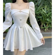 Chain Square Neck White Women Dress French Long Sleeve Princess Dress Temperament Slim Waist A-line White Women Dresses, How To Fold Sleeves, Puff Sleeve Dresses, Princess Style, Trendy Dresses, Elegant Dress, Fall Dresses, Princess Dress, Short Dress