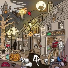 an image of a halloween scene with skeletons and pumpkins on the street in front of buildings