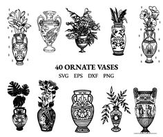 an image of vases with flowers and plants in them on a white background illustration