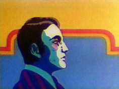 a painting of a man in front of a rainbow colored background with an orange and blue stripe