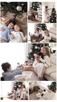 a collage of photos with people and christmas tree