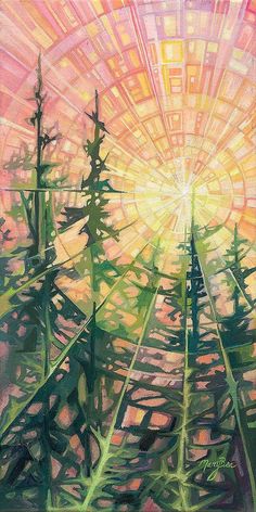 an abstract painting of trees with the sun shining in the sky behind them and on top of it