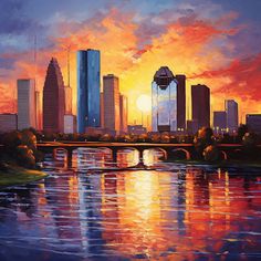 a painting of a city at sunset with the sun going down and reflecting in the water