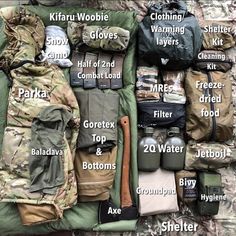 the contents of an army sleeping bag laid out on a camouflage blanket and labeled with names