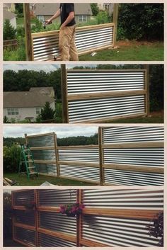 several pictures of a man standing next to a wooden fence with vertical slats on it