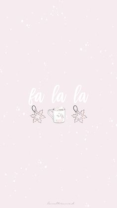 the words la la are written in white on a pink background with stars and mugs