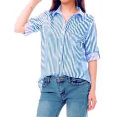 Extra Soft, Lightweight Casual Lightweight Button-Up Striped Shirt. Rolled Button Sleeves, Front Slouch Left Pocket, And A High-Low Hem. Slightly Oversized. A Timeless Classic Perfect With Jeans, Leggings, Or For The Office. White With Bright Blue Stripes. Approx. 18" Armpit To Armpit, 21" Length (Front), 28" Length (Back). Nwt. Tags - Boho, Bohemian, Stripe, Stripes, Striped, Preppy, Pretty, Cute, Flow, Flattering, Slouchy, Stretchy, Black, White, Off White, Cream, Workwear, Workweek, Work, Fashion, Trendy, Style, Button Down, Button-Down, Buttondown, Casual, Professional, Bright Blue, Jewel Tone Blue Button-up Blouse With Roll-up Sleeves, Blue Button-up Tops With Roll-up Sleeves, Blue Button-up Shirt With Roll-up Sleeves, Trendy Blue Shirt With Button Cuffs, Trendy Blue Shirt With Button Closure, Light Blue Buttoned Shirt For Day Out, Trendy Blue Top With Roll-up Sleeves, Heart Clothes, Velvet Heart