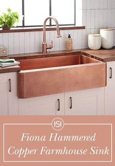 a copper farmhouse sink with the words, froma hammered copper farmhouse sink