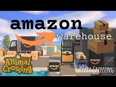 an animated video game with the words amazon warehouse and many moving boxes in front of it