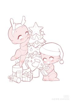 a drawing of a baby next to a christmas tree with an elephant holding a present