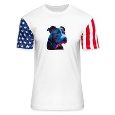 a white shirt with an american flag and a blue pitbull on the front